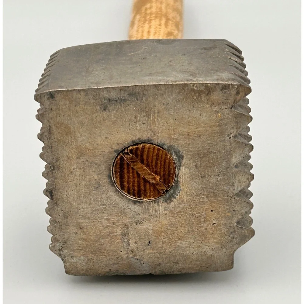 Vintage Meat Tenderizer Mallet Wood Handle Dual Sided Metal Head Primitive Tool